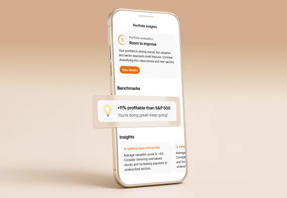 Portfolio insights screen with an AI evaluation score